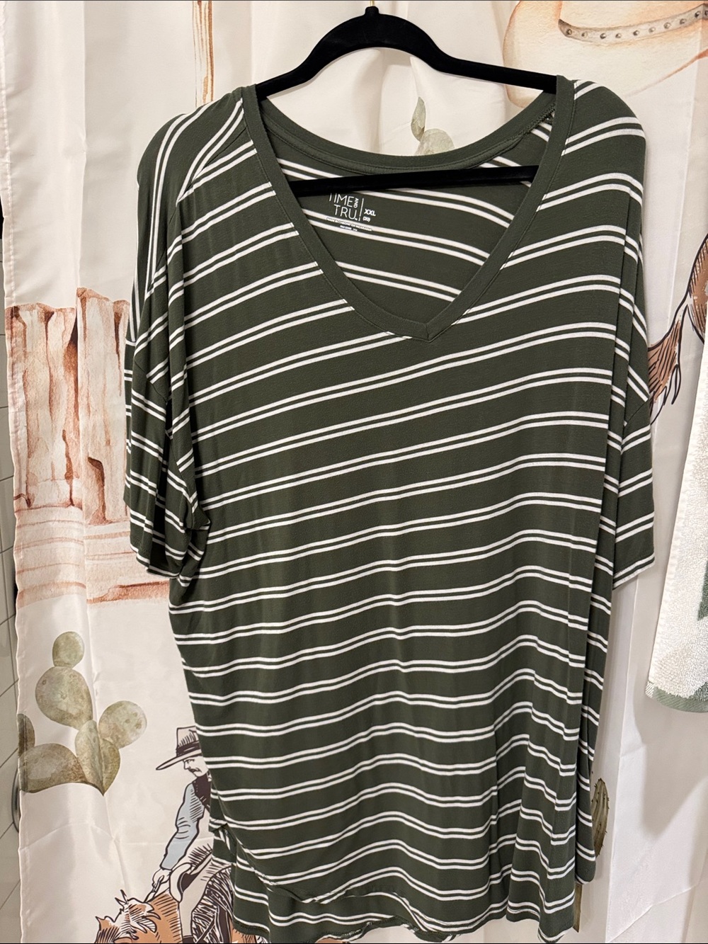 Time and Tru Olive Green and White Striped V-Neck Short Sleeve Top